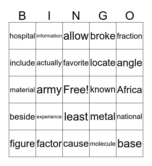 Vocabulary  Bingo 2  Bingo Card