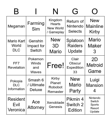 Nintendo Direct Predictions - 9/9/26 Bingo Card