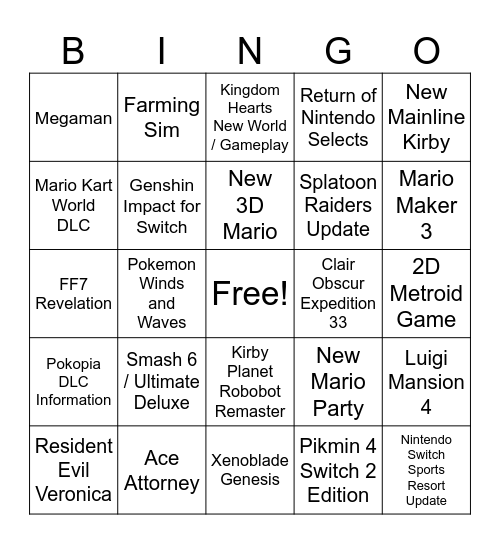 Nintendo Direct Predictions - 9/9/26 Bingo Card