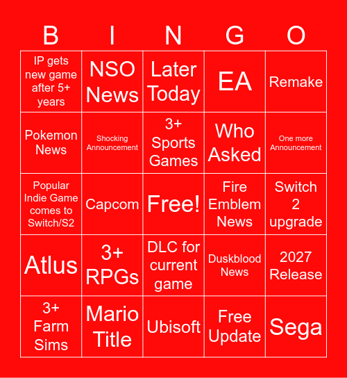 Nintendo Sep. 9th 2026 Bingo Card