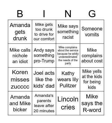 Amanda's party Bingo Card