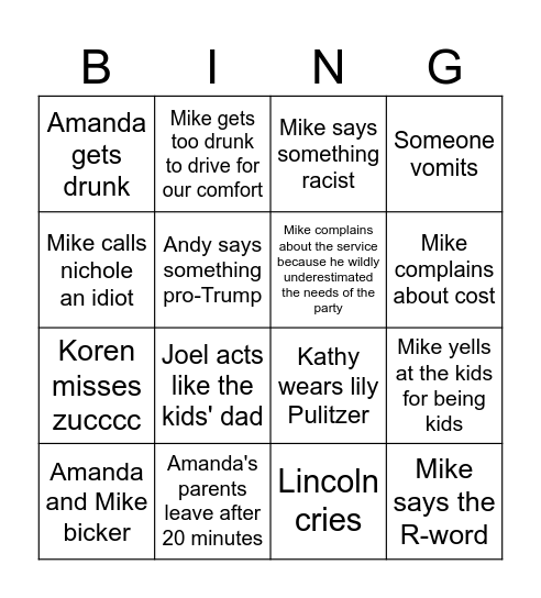 Amanda's party Bingo Card