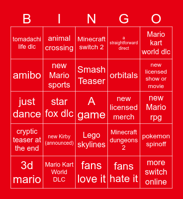 Nintendo Direct Bingo Card