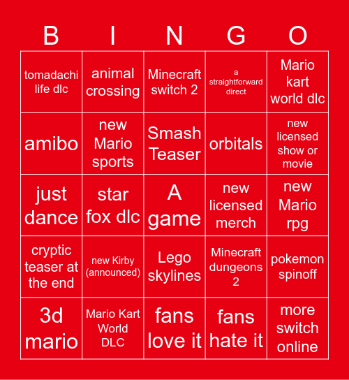Nintendo Direct Bingo Card