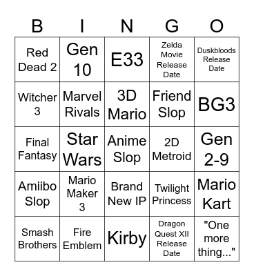 Nintendo Bingo Card
