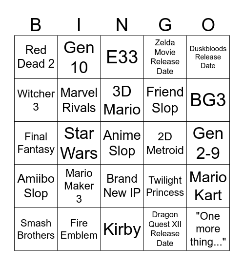 Nintendo Bingo Card
