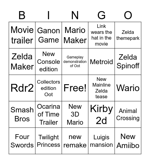 Nintendo Directs Bingo Card