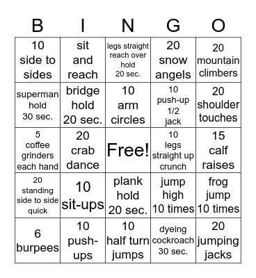 fitness bingo Card