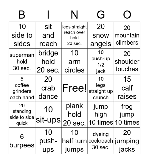 fitness bingo Card