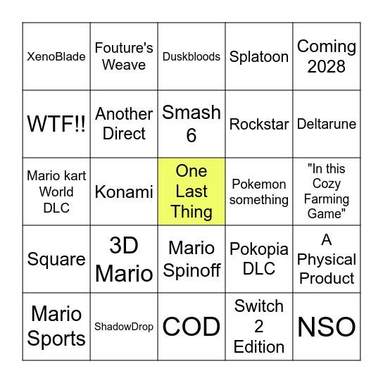 Nintendo Direct  9.9.2026 Bingo Card
