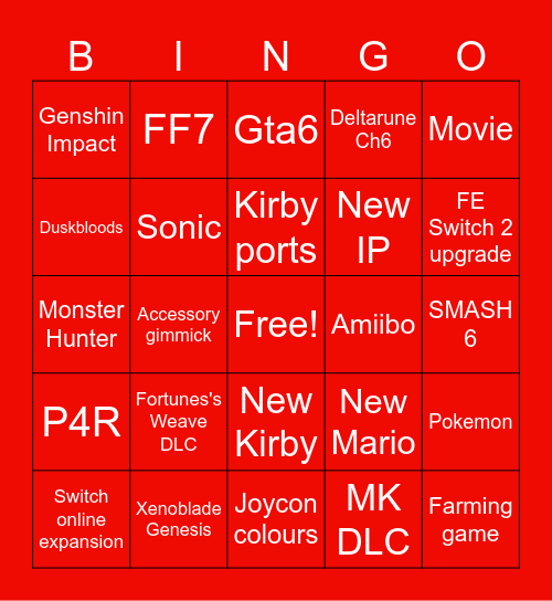 Nintendo Direct Bingo Card