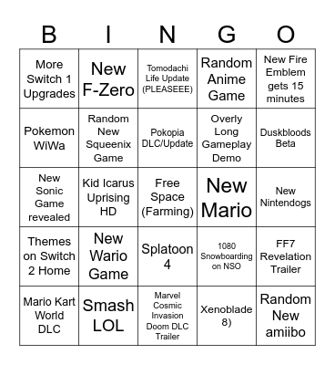 Nintendo Direct 2026 Bingo Card