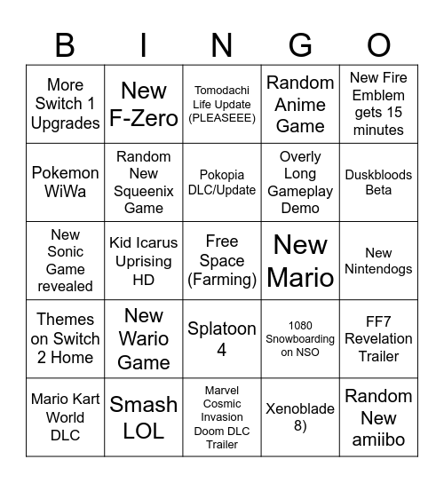 Nintendo Direct 2026 Bingo Card