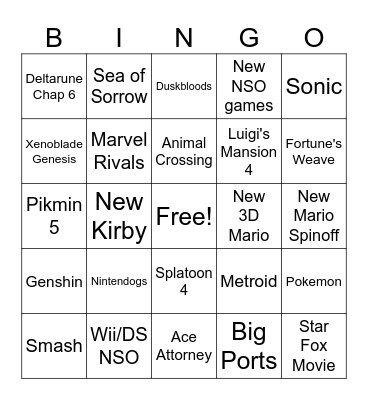 Sept Nintendo Direct Bingo Card