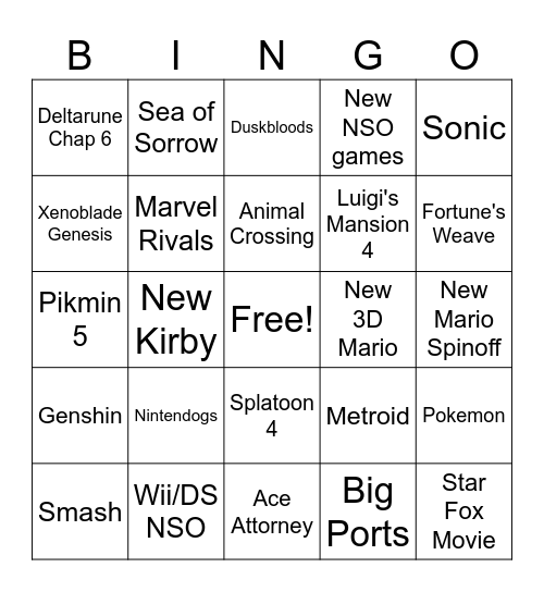 Sept Nintendo Direct Bingo Card