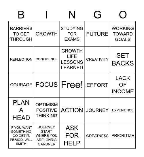 THE ART OF SUCCESS Bingo Card