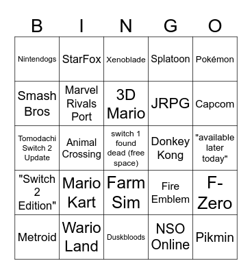 Nintendo Direct 9.9.2026 Bingo Card