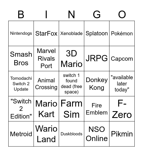 Nintendo Direct 9.9.2026 Bingo Card