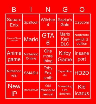 Nintendo Direct 9/2026 Bingo Card