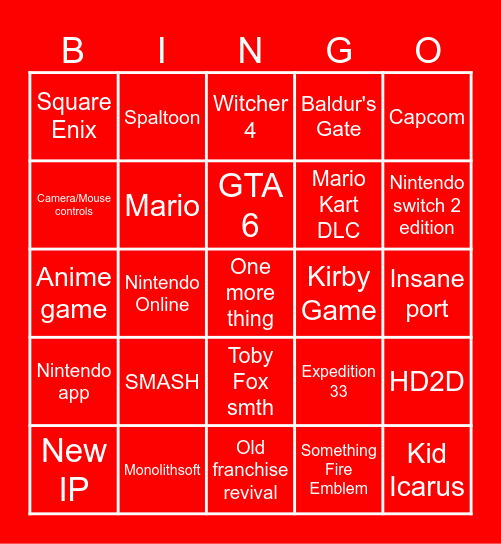 Nintendo Direct 9/2026 Bingo Card