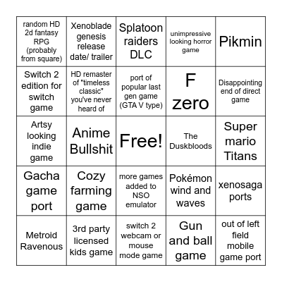nintendo direct bingo Card