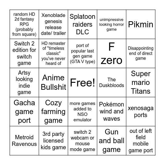 nintendo direct bingo Card