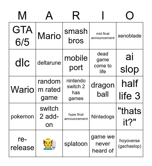 nintendo direct Bingo Card