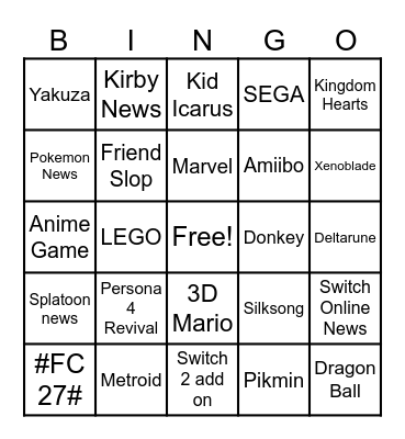 Nintendo Direct Bingo Card