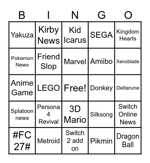 Nintendo Direct Bingo Card