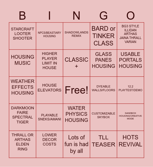 Blizzcon Bingo Card