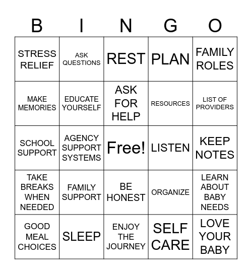 TEEN PARENT CAREGIVER Bingo Card
