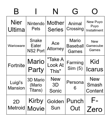Nintendo Bingo Card
