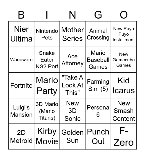 Nintendo Bingo Card