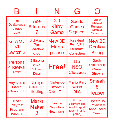 Nintendo Direct 9/9 Bingo Card