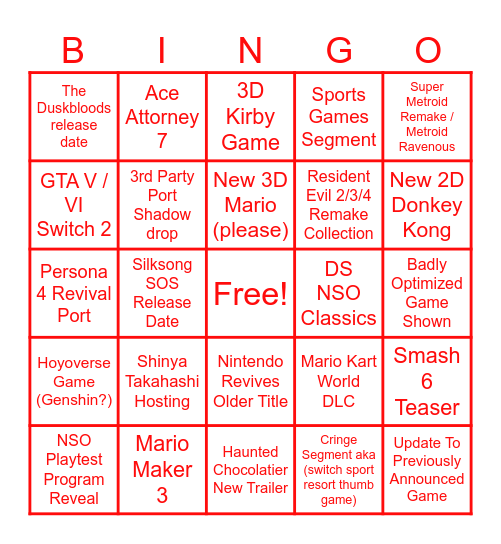 Nintendo Direct 9/9 Bingo Card