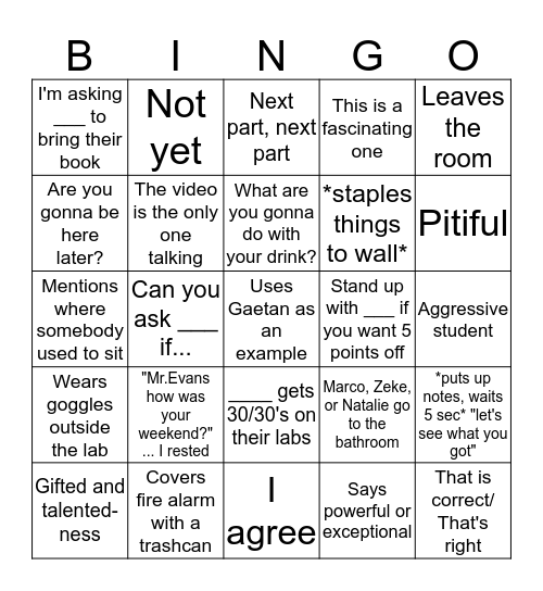 Mr. Evans Bingo Card