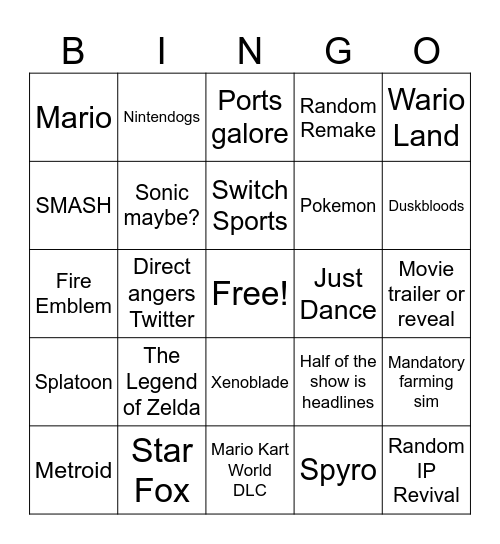 Nintendo Direct 9.2026 Bingo Card