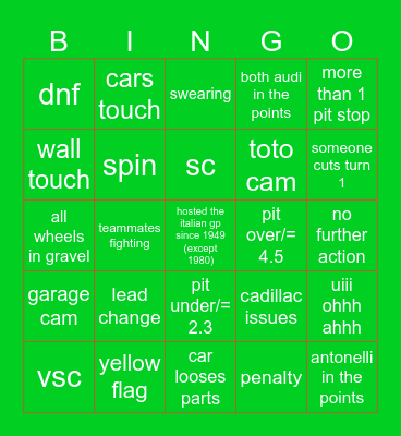 Temple of Speed 2026 Bingo Card