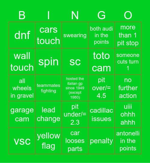 Temple of Speed 2026 Bingo Card