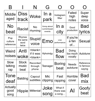 Tiktok music bingo Card