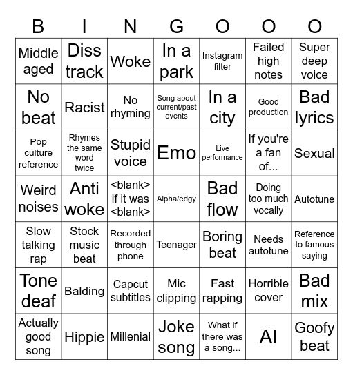 Tiktok music bingo Card