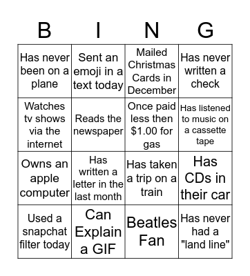 Generational Bing-o Bingo Card