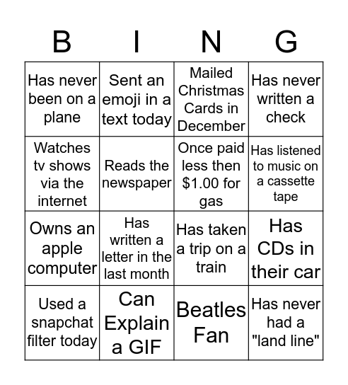 Generational Bing-o Bingo Card