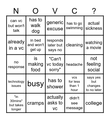 Cannot vc excuse bingo card Bingo Card