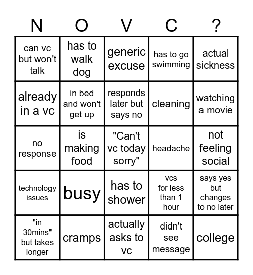 Cannot vc excuse bingo card Bingo Card