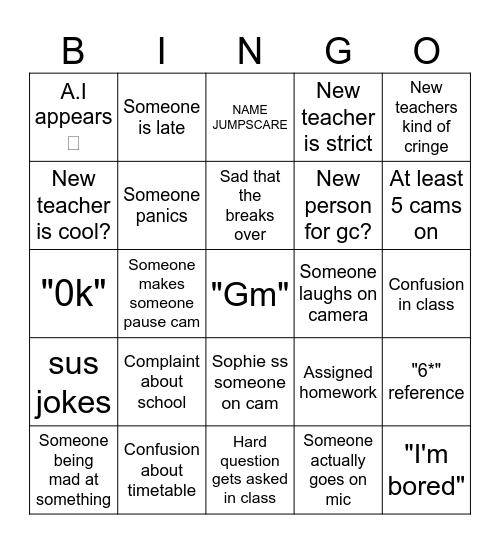 First week back Bingo Card
