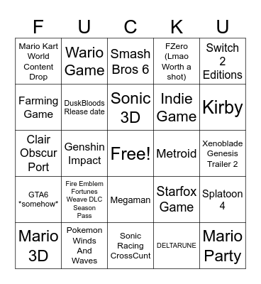 NINTENDO DIRECT 9/9/2026 Bingo Card