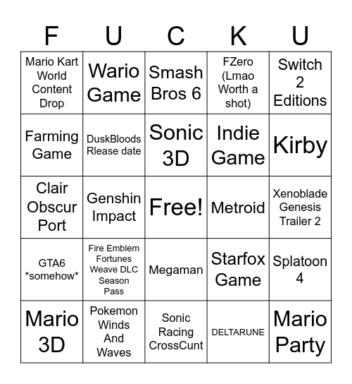 NINTENDO DIRECT 9/9/2026 Bingo Card