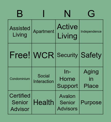 Avalon Senior Advisors Bingo Card