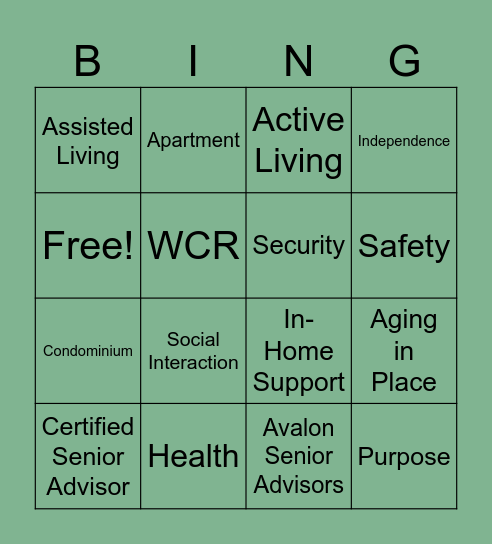 Avalon Senior Advisors Bingo Card